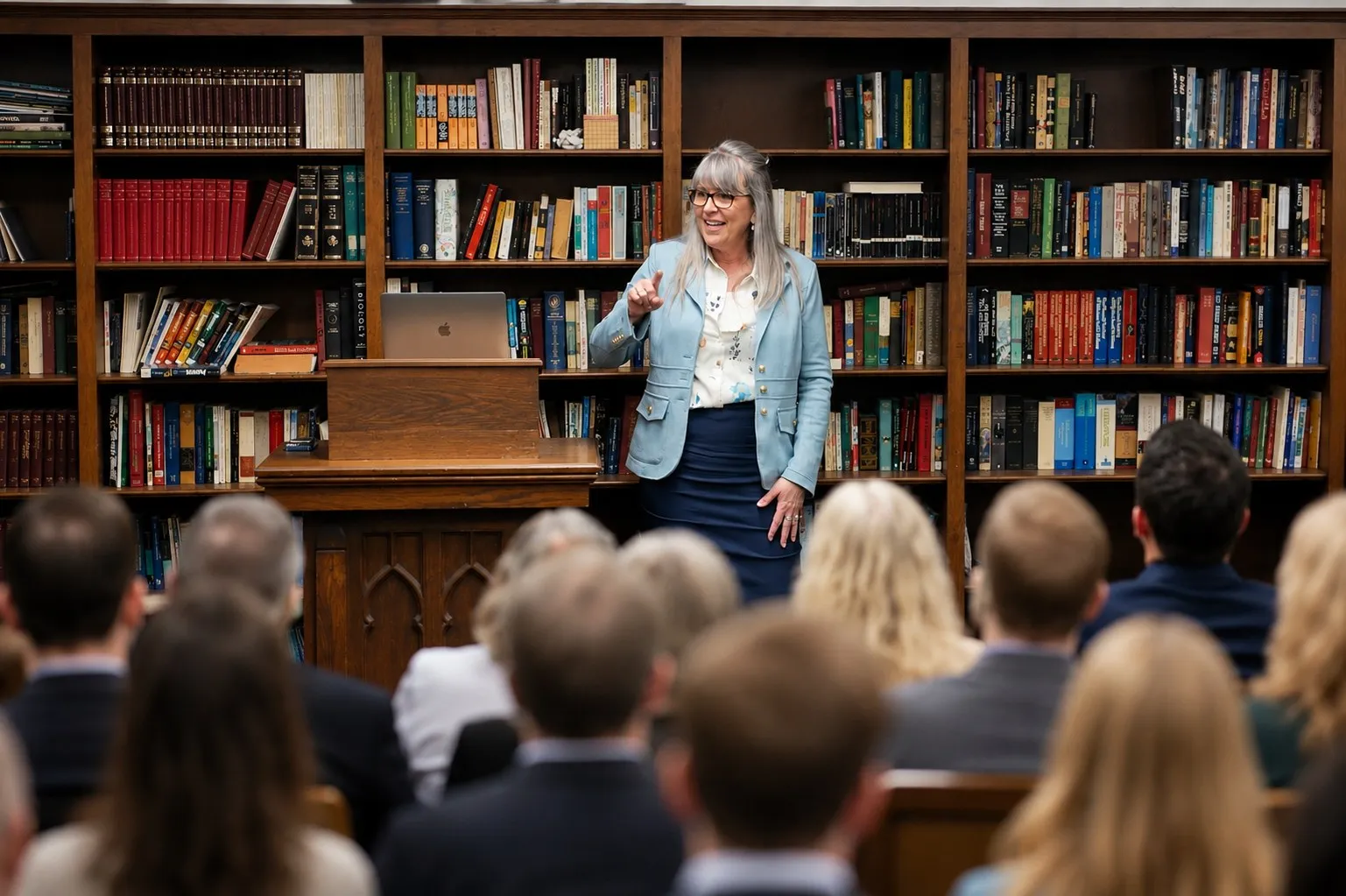 Heather Lloyd, Executive Director and founder, teaches a room of teachers and school leaders in a library