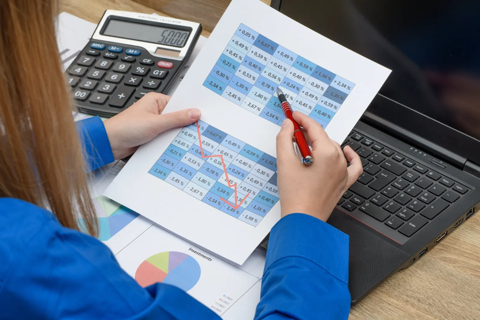 Hands review a financial report beside a calculator and laptop