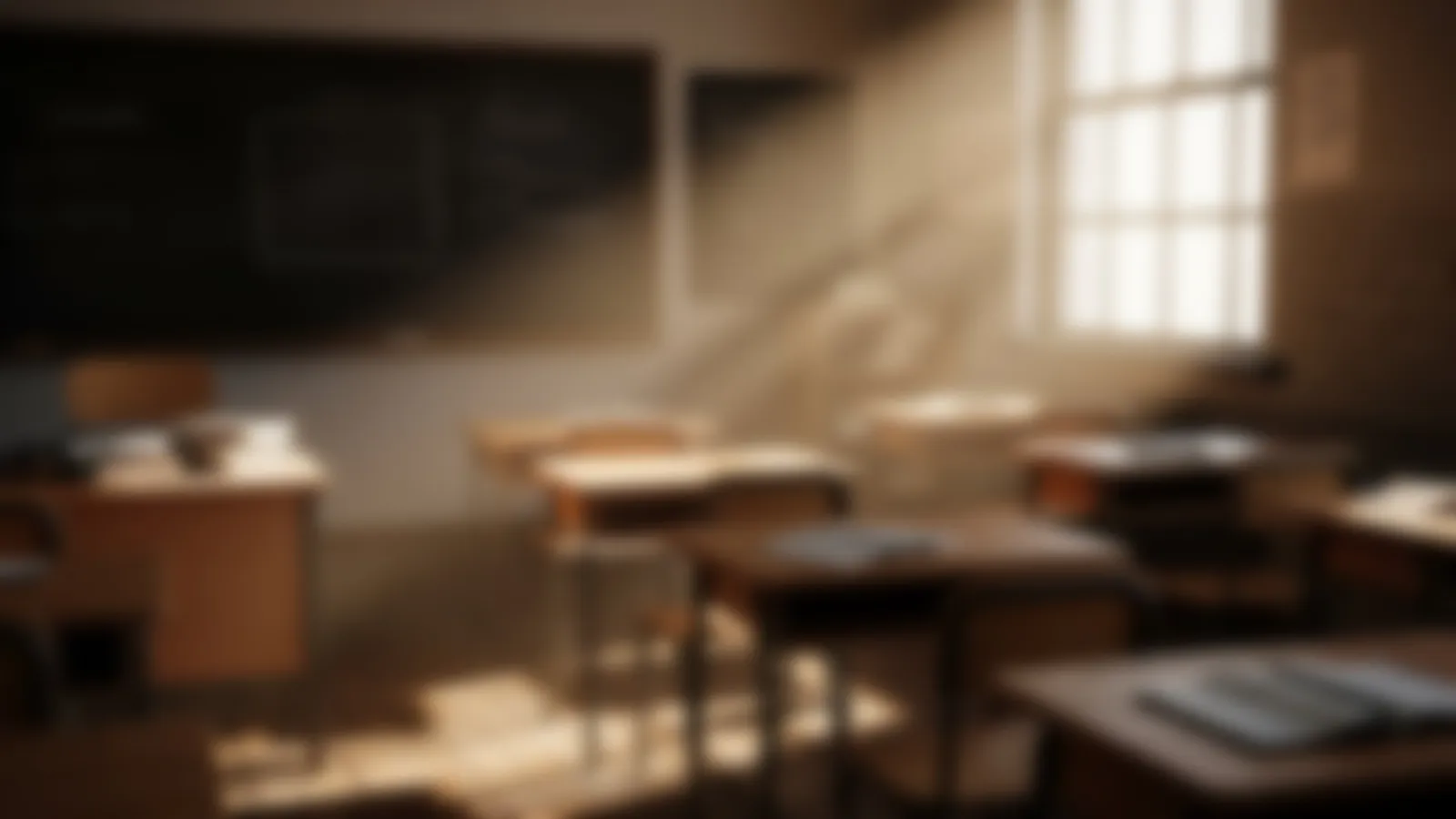 A quiet classroom with rows of empty desks in warm morning light